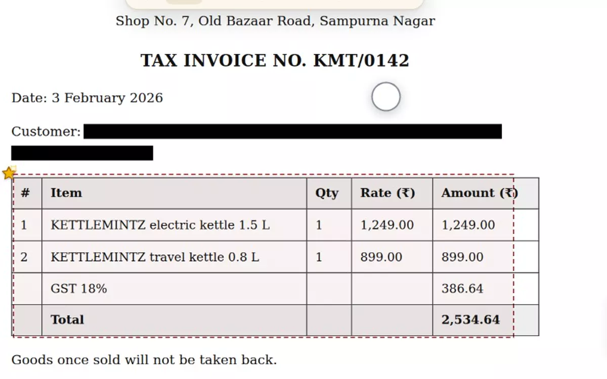 An invoice with a customer’s name blacked out and its table clipped into the notes